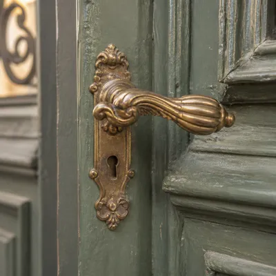 Manilla de latón antigua en una puerta, cerradura desgastada para reparación en Valladolid